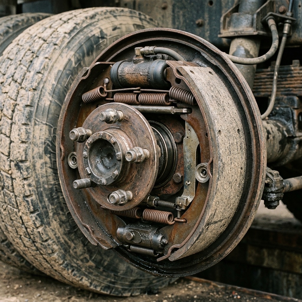 Heavy-duty truck drum brake assembly with shoes, springs, wheel cylinder, and hub exposed during service