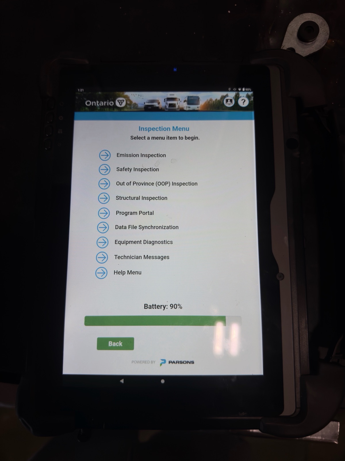 Tablet running the Ontario MTO inspection software at the Planet Truck licensed inspection station in Brampton